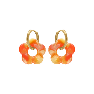 CRÉOLES ACIER DORÉ 15MM ARTICULÉE FLEUR RÉSINE ORANGE EFFET NUANCÉ
