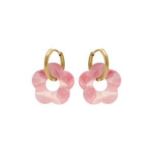 CRÉOLES ACIER DORÉ 15MM ARTICULÉE FLEUR RÉSINE ROSE EFFET NUANCÉ