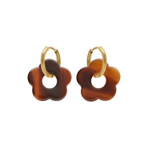 CRÉOLES ACIER DORÉ 15MM ARTICULÉE FLEUR RÉSINE TON MARON EFFET NUANCÉ