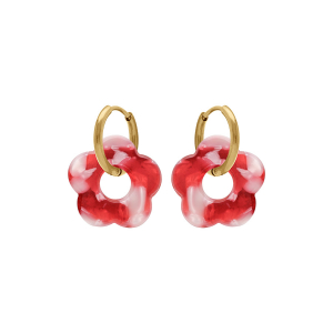 CRÉOLES ACIER DORÉ 15MM ARTICULÉE FLEUR RÉSINE ROUGE EFFET NUANCÉ