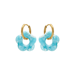 CRÉOLES ACIER DORÉ 15MM ARTICULÉE FLEUR RÉSINE TURQUOISE EFFET NUANCÉ