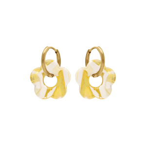 CRÉOLES ACIER DORÉ 15MM ARTICULÉE FLEUR RÉSINE JAUNE EFFET NUANCÉ