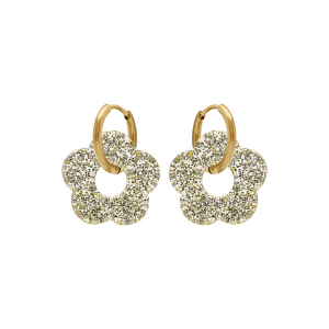 CRÉOLES ACIER DORÉ 15MM ARTICULÉE FLEUR RÉSINE CHAMPAGNE PAILLETÉ