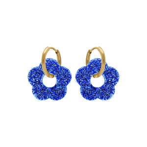 CRÉOLES ACIER DORÉ 15MM ARTICULÉE FLEUR RÉSINE BLEU  PAILLETÉ