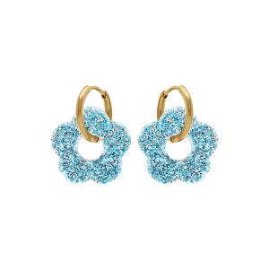 CRÉOLES ACIER DORÉ 15MM ARTICULÉE FLEUR RÉSINE BLEU CIEL PAILLETÉ
