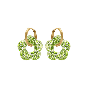 CRÉOLES ACIER DORÉ 15MM ARTICULÉE FLEUR RÉSINE VERT PAILLETÉ