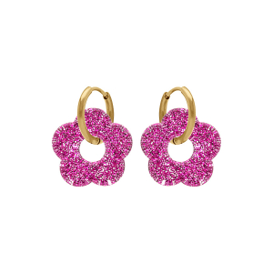 CRÉOLES ACIER DORÉ 15MM ARTICULÉE FLEUR RÉSINE FUSCHIA PAILLETÉ