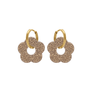 CRÉOLES ACIER DORÉ 15MM ARTICULÉE FLEUR RÉSINE MARRON  PAILLETÉ