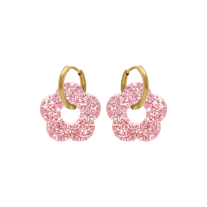 CRÉOLES ACIER DORÉ 15MM ARTICULÉE FLEUR RÉSINE ROSE PAILLETÉ