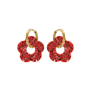 CRÉOLES ACIER DORÉ 15MM ARTICULÉE FLEUR RÉSINE ROUGE PAILLETÉ