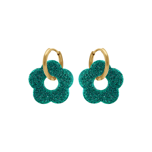 CRÉOLES ACIER DORÉ 15MM ARTICULÉE FLEUR RÉSINE VERT TURQUOISE PAILLETÉ