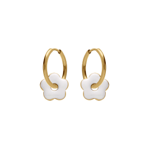 CRÉOLES ACIER DORÉ 20MM ARTICULÉE FLEUR RÉSINE BLANCHE BRILLANTE