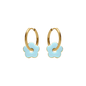 CRÉOLES ACIER DORÉ 20MM ARTICULÉE FLEUR RÉSINE BLEU CIEL BRILLANTE