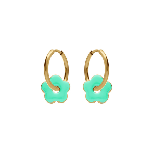 CRÉOLES ACIER DORÉ 20MM ARTICULÉE FLEUR RÉSINE VERTE BRILLANTE