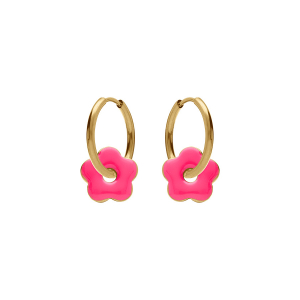 CRÉOLES ACIER DORÉ 20MM ARTICULÉE FLEUR RÉSINE FUSHIA BRILLANTE