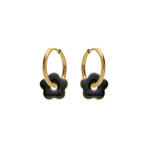 CRÉOLES ACIER DORÉ 20MM ARTICULÉE FLEUR RÉSINE NOIRE BRILLANTE