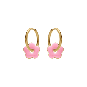 CRÉOLES ACIER DORÉ 20MM ARTICULÉE FLEUR RÉSINE ROSE BRILLANTE