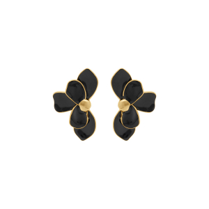 BOUCLES D'OREILLES TIGE ACIER DORÉ DEMI FLEUR RÉSINE NOIR