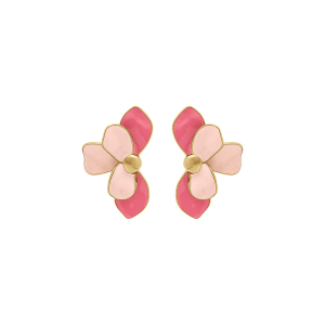 BOUCLES D'OREILLES TIGE ACIER DORÉ DEMI FLEUR RÉSINE ROSE