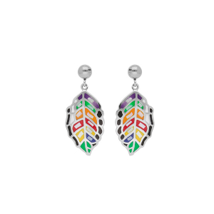 BOUCLES D'OREILLES TIGE ACIER PENDANTE STELLA MIA MOTIF FEUILLE RÉSINE MULTI COULEUR ET NACRE