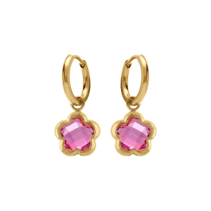 CRÉOLES ACIER DORÉ  PASTILLE FLEUR OXYDES ROSE FONCÉ