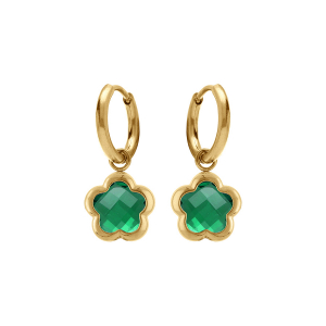 CRÉOLES ACIER DORÉ  PASTILLE FLEUR OXYDES VERT FONCÉ