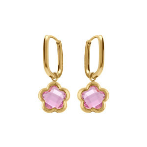 CRÉOLES ACIER DORÉ  PASTILLE FLEUR OXYDES ROSE CLAIR