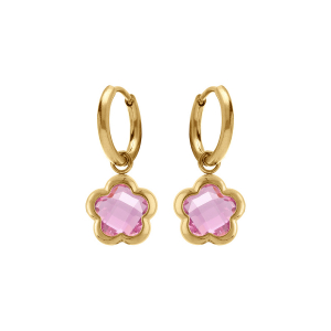CRÉOLES ACIER DORÉ  PASTILLE FLEUR OXYDES ROSE CLAIR
