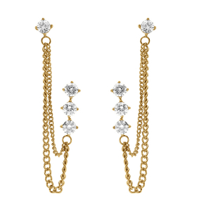 BOUCLES D'OREILLES TIGE ACIER DORÉ DOUBLE CHAINE ET 4 OXYDES BLANCS SERTIS