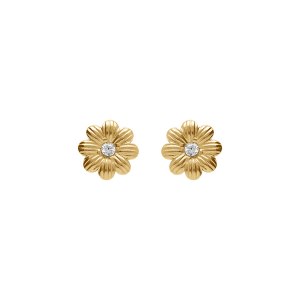 BOUCLES D'OREILLES TIGE ACIER DORE FLEUR OXYDES BLANCS SERTIS