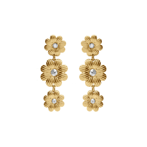 BOUCLES D'OREILLES TIGE ACIER DORE PENDANTE 3 FLEURS OXYDES BLANCS SERTIS