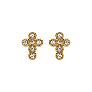 BOUCLES D'OREILLES TIGE ACIER DORÉ CROIX 13MM OXYDES BLANCS SERTIS
