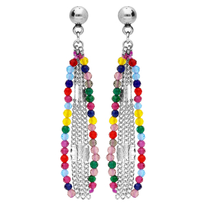 BOUCLES D'OREILLES TIGE ACIER PENDANTE 1 FIL PIERRES SYNTHETIQUE MULTI COULEURS ET TRIPLE CHAINE