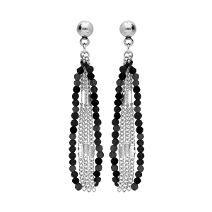 BOUCLES D'OREILLES TIGE ACIER PENDANTE 1 FIL PIERRES SYNTHETIQUE NOIRES ET TRIPLE CHAINE
