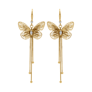 BOUCLES D'OREILLES ACIER DORÉ CROCHET PAPILLON OXYDE BLANC ET PENDANT 3 FILS