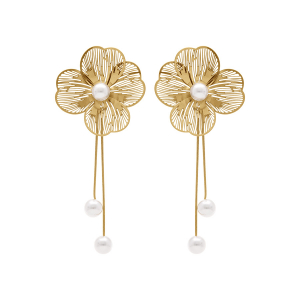BOUCLES D'OREILLES TIGE ACIER DORÉ FLEUR PERLE BLANCHE IMITATION PENDANT 3 FILS