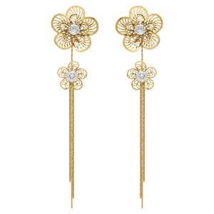 BOUCLES D'OREILLES TIGE ACIER DORÉ DOUBLE FLEUR OXYDE BLANC