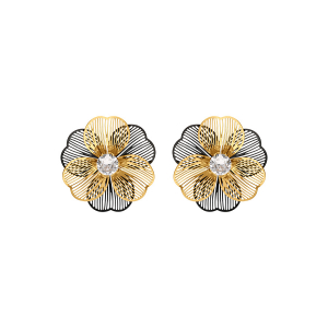BOUCLES D'OREILLES TIGE ACIER DORÉ ET NOIR FLEUR ET OXYDES BLANCS