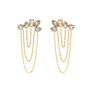 BOUCLES D'OREILLES TIGE ACIER DORÉ 5 OXYDES BLANCS AVEC CHAINETTES