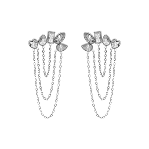 BOUCLES D'OREILLES TIGE ACIER 5 OXYDES BLANCS AVEC CHAINETTES