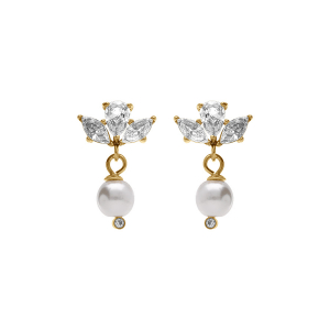 BOUCLES D'OREILLES TIGE ACIER DORÉ 3 OXYDES BLANCS ET 1 PERLE BLANCHE IMITATION