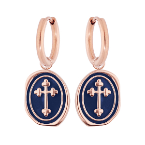 BOUCLES D'OREILLES ACIER ET PVD ROSE CRÉOLES ARTICULEE CROIX RÉSINE BLEU NUIT