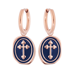 BOUCLES D'OREILLES ACIER ET PVD ROSE CRÉOLES ARTICULEE CROIX RÉSINE BLEU NUIT