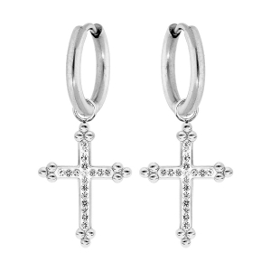 BOUCLES D'OREILLES ACIER CROIX RÉSINE BLANCHE ET PIERRES BLANCHES SYNTHETIQUE