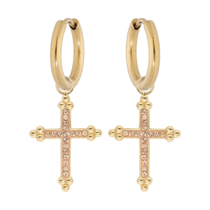 BOUCLES D'OREILLES ACIER ET PVD DORÉ CROIX RÉSINE CHAMPAGNE ET PIERRES CHAMPAGNE SYNTHETIQUE