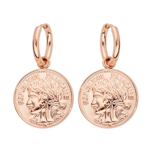 BOUCLES D'OREILLES ACIER ET PVD ROSE ARTICULEE STYLE PIECE DE MONNAIE