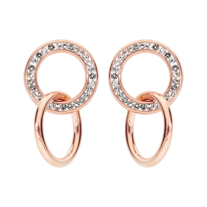BOUCLES D'OREILLES TIGE ACIER ET PVD ROSE DOUBLE CERCLE OXYDES BLANCS SERTIS