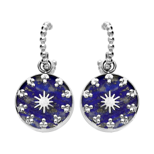 BOUCLES D'OREILLES TIGE ACIER  PETITE CRÉOLES BOULE AVEC PAMPILLE BLEU