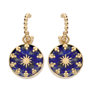BOUCLES D'OREILLES ACIER ET PVD DORÉ PETITE CRÉOLES BOULES ET PAMPILLE BLEU