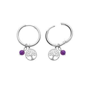 CRÉOLES ARTICULEES ACIER PAMPILLLE ARBRE DE VIE ET BOULE VIOLETTE